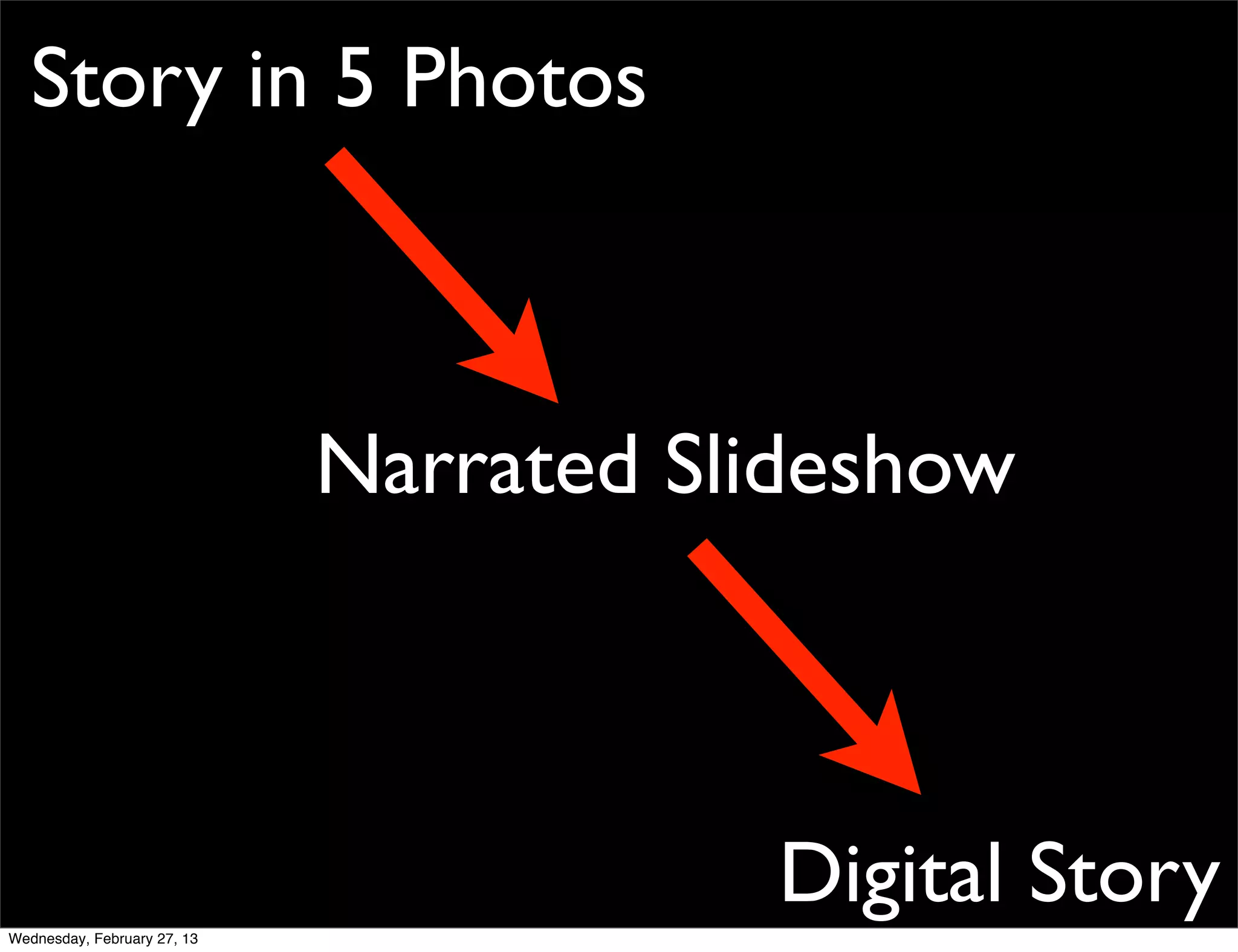 Story in 5 Photos



                             Narrated Slideshow




Wednesday, February 27, 13
                                        Digital Story
 