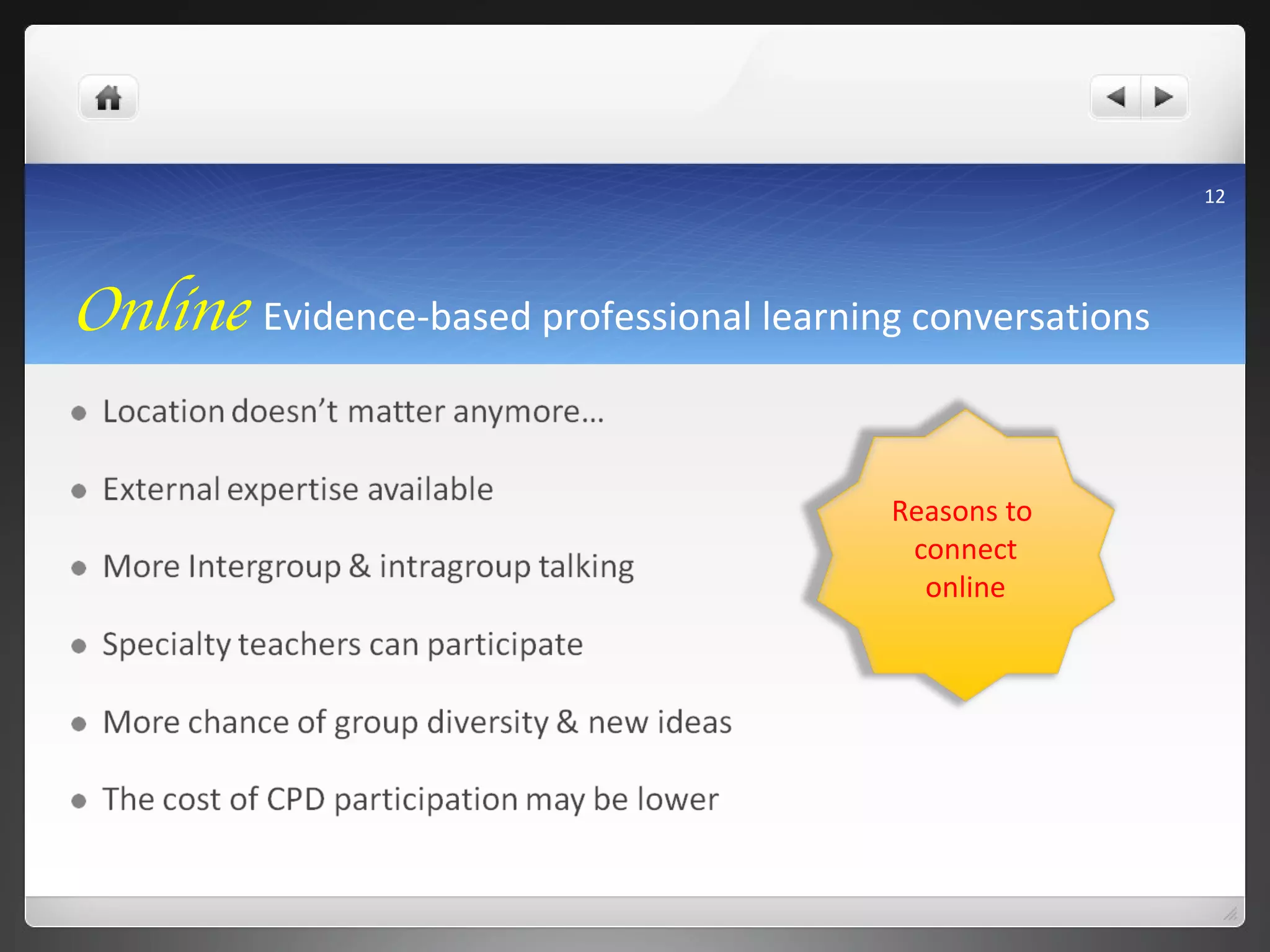 Online  Evidence-based professional learning conversations Reasons to  connect online 