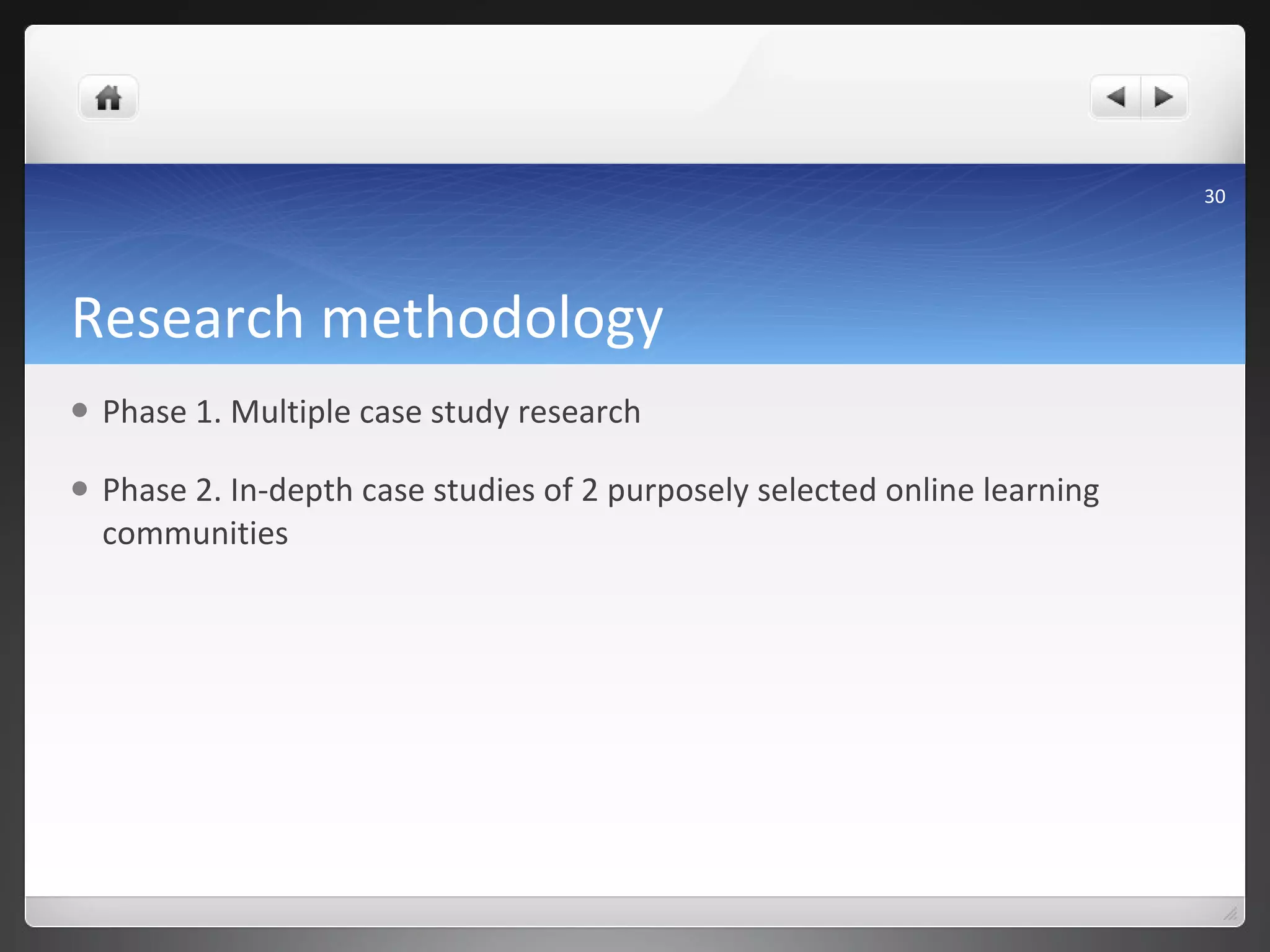 Research methodology Phase 1. Multiple case study research Phase 2. In-depth case studies of 2 purposely selected online learning communities 