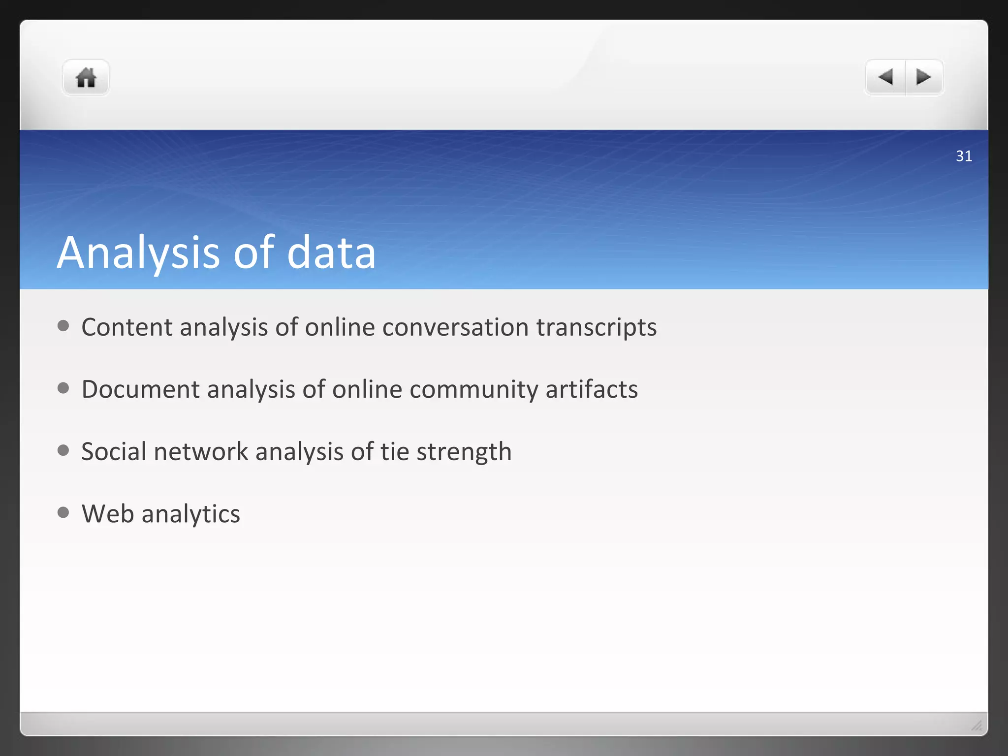 Analysis of data Content analysis of online conversation transcripts Document analysis of online community artifacts Social network analysis of tie strength Web analytics 