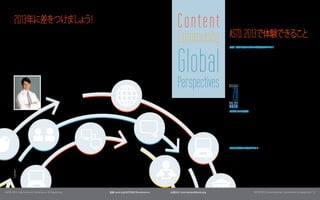 2013年に差をつけましょう！                                                                    Content
        ビジネスがグローバル化し、
        差別化要因は、
                     競争が激化する現在、
               タレントです。皆さんは、
                                成功のための重要な
                           従業員を教育し、
        問題に対応する準備をする立場にあると思います。
                                   現在直面する

                                                                                           Community                 ASTD 2013で体験できること
                        最新のトレンドやベストプラクティス、
                                         また、




                                                                                           Global
        ASTD 2013に参加すれば、                                                                                             研修 人材開発のための活気あるイベント
                                                                                                                        ・
        それ以上のことを学ぶことができます。                                                                                           ASTD 2013 International Conference & Expositionは、 ・
                                                                                                                                                                      研修 人材開発
                                                                                                                     業界のための活気にあふれるイベントです。                     CEOからスペシャリスト、
       グローバルな視点、  エキスパートによるコンテンツ、学習の専門家のコ                                                                            学部長から学生まで、          さまざまな専門家が登場し、             この業界のあらゆる
       ミュニティなど、 さまざまなトピックが盛り込まれている学習イベントは、                                                                           トピックについて語ります。
       ASTDカンファレンスをおいて他にありません。
                                                                                                                     ASTD 2013には、世界中から9,000名以上の学習の専門家が参加し、   ベス
        他に差をつけるチャンスです。是非ご参加ください。                                                                                     トプラクティスや見識を共有します。        ここでは、現在および将来のトレンド
                                                                                                                     を学び、   それを実際の仕事に適用して成果をあげるための方法を知るこ
                                                                                                                     とができます。   世界的に有名な思想的リーダー、      業界有名人から直接学



                                                                                           Perspectives
                                                                                                                     ぶことができます。    ASTD 2013は、皆さんの仕事や会社で今後役に立つツ
                               Tony Bingham                                                                          ールやリソースを提供します。
                               ASTD President兼CEO
                                                                                                                            ASTDは創立70周年を迎えます。  ASTDは、 これまで70年にわた
                                                                                                                            って研修 人材開発業界に貢献してきました。
                                                                                                                                 ・                      ASTDのブース
                                                                                                                            では、 これを記念する催しが行われ、    ASTDの新しいコンピテン
                                                                                                                            シーモデル、 ASTDの歴史などを紹介します。 ・  研修 人材開発の
                                                                                                                            職業の将来に関する皆さんの予測をここでタイムカプセルに
                                                                                                                            入れてください。  ASTDの歴史、未来、 そして研修 人材開発の
                                                                                                                                                         ・
                                                                                                                            仕事を祝うこの特別なイベントに是非ご参加ください。

                                                                                                                     素晴らしい開催地
                                                                                                                     ダラスは、   世界中からの訪問者を惹きつけるモダンで洗練された都市
                                                                                                                     であり、  いくつかのFortune 500企業の本拠地でもあります。          ダラスは年
                                                                                                                     を経るごとに、      さまざまな文化のるつぼと化しています。         ダラスには、       優
                                                                                                                     れた芸術、    音楽、   食事、   歴史的建造物、    都会的ライフスタイルがあります。
                                                                                                                     多数のフェスティバル、          展示会、    イベント、
                                                                                                                                                      アトラクションなどが開催さ
                                                                                                                     れ、 その多様性を体験し、           味わう数多くの機会が提供されます。       魅力的
                                                                                                                     なショッピングエリアであるSouthwest地区、          温暖な気候、  一年を通じて
                                                                                                                     行えるスポーツ、       思いやりにあふれた南部気質など、        ダラスは、    そのスロ
                                                                                                                     ーガン  「Live large. Think big」にふさわしい街です。Live large. Think
                                                                                                                                                           「
                                                                                                                     big」にふさわしい街です。

                                                                                                                     世界的規模の学習イベント
                                                                                                                     ASTD 2013 Expositionは、活気にあふれたイベントです。     同業の仲間と
                                                                                                                     交流したり、    ベンダーと話したり、     この業界に必要とされる最新の製品や
                                                                                                                     ソリューションを見つけることができます。         このイベントには、       400以上の
                                                                                                                     出展者が参加します。         あなたの抱える問題に熱心に耳を傾け、         解決策を
                                                                                                                     見つける支援をし、        仕事に役立つソリューションを提供してくれることで
                                                                                                                     しょ ASTD 2013の出展者の完全なリストは、
                                                                                                                        う。                          astd.org/exhibitorsに掲
                                                                                                                     載されています。
       011391.45210




ASTD 2013 International Conference & & Exposition
1 | ASTD 2013 International ConferenceExposition    登録: astd.org/ASTD2013Conference   お問合せ: international@astd.org                     ASTD 2013 International Conference & Exposition | 1
                                                                                                                                                                                         2
 