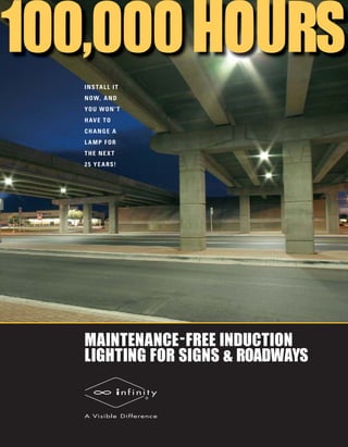 I N S TA L L I T
N O W, A N D
YO U W O N ’ T
H AV E T O
CHANGE A
L AMP FOR
THE NE X T
2 5 Y E A R S!




MAINTENANCE - FREE INDUCTION
LIGHTING FOR SIGNS & ROADWAYS
 
