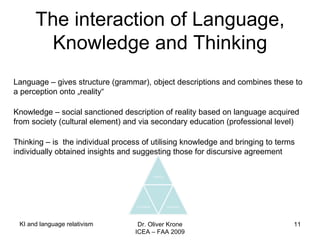 The interaction of Language, Knowledge and Thinking Language – gives structure (grammar), object descriptions and combines these to  a perception onto „reality“ Knowledge – social sanctioned description of reality based on language acquired from society (cultural element) and via secondary education (professional level) Thinking – is  the individual process of utilising knowledge and bringing to terms  individually obtained insights and suggesting those for discursive agreement KI and language relativism Dr. Oliver Krone ICEA – FAA 2009 