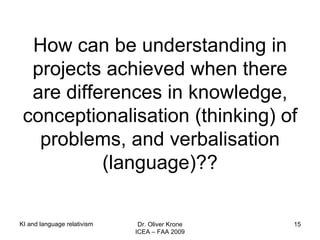 How can be understanding in projects achieved when there are differences in knowledge, conceptionalisation (thinking) of problems, and verbalisation (language)?? KI and language relativism Dr. Oliver Krone ICEA – FAA 2009 