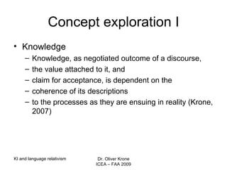 Concept exploration I Knowledge Knowledge, as negotiated outcome of a discourse, the value attached to it, and claim for acceptance, is dependent on the coherence of its descriptions to the processes as they are ensuing in reality (Krone, 2007) KI and language relativism Dr. Oliver Krone ICEA – FAA 2009 