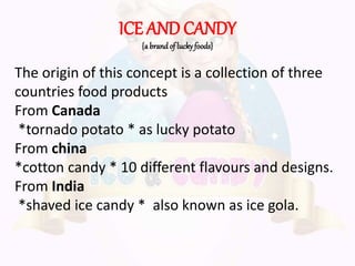 ICE AND CANDY
{a brandof luckyfoods}
The origin of this concept is a collection of three
countries food products
From Canada
*tornado potato * as lucky potato
From china
*cotton candy * 10 different flavours and designs.
From India
*shaved ice candy * also known as ice gola.
 