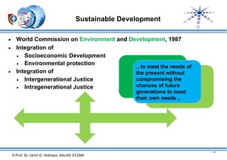 Sustainable Development


World Commission on Environment and Development, 1987
 Integration of
 Socioeconomic Development
.. to meet the needs of
 Environmental protection
.. to meet the
the present withoutneeds of
 Integration of
.. to meet
the present without
compromising the the needs of
compromising the
 Intergenerational Justice
chances ofthe present without
future
compromising the
chances meet
generations to of future
 Intragenerational Justice
chances
generations of future
their own needs .. to meet
their generations..to meet
own needs
their own needs ..

- 4

© Prof. Dr. Ulrich D. Holzbaur, AAUAS STZAM

 