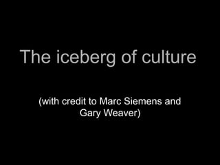 The iceberg of culture

  (with credit to Marc Siemens and
            Gary Weaver)
 