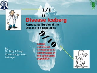 EPIDEMIOLOGIST
1/10
Clinician
Disease Iceberg
Represents Burden of the
Disease in a population
Latent,
subclinical,
undiagnosed &
carrier states in
the community/
population
By:
Dr. Bhoj R Singh
Epidemiology, IVRI,
Izatnagar
 