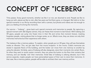 CONCEPT of “iceberg"
Time passes. Every good moments, whether we like it or not, are doomed to end. People we like to
hang out with, places we like to visit, after few years we find them gone, or changed. We hold on to few
special moments in our life by recording them with a camera, but photos and videos are not enough to
give us a feeling of re-living the moments.
Our service – “Iceberg” , gives back such special moments and memories to people. By capturing a
special moment with 360 degree camera, they can freeze that moment to last forever. With Iceberg and
VR gears, people can jump into frozen time in their life and re-live that moment forever, meeting
forgotten people, visiting places that no longer exists, so on. What’s more, they can share not only their
memories memories but their experience with others.
The Iceberg is like a memory palace. To explain, when people put on VR gear, they will see themselves
inside an elevator. This, we got idea from the movie Inception. In the movie, Cobb’s memories are
stored in separate floors of the building, and the looker can move from one memory to another by
using the elevator. Similarly, users of Iceberg will also designate, store their moments into certain floors.
So when they want to revisit certain moment, they can press the button to the floor that contains that
memory, and can literally ‘visit’ their memories. Initial Idea of Iceberg is utilizing elevator, but if the
service expands, maybe people can have personalized space of their own to store their memories. In
that case, like a memory palace, people will be able to architect their own memory archive.
 