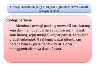Strategi sederhana yang mungkin digunakan siswa adalah
sebagai berikut
Strategi pertama
Membuat persegi panjang mewakili satu batang
keju dan membuat partisi setiap persegi (mewakili
satu batang keju) menjadi empat partisi. Kemudian
dibuat kelompok ¾ sehingga dapat ditentukan
berapa banyak pizza dapat dibuat. Untuk
menggambarkannya dapat 2 cara.
 