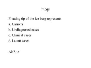 mcqs
Floating tip of the ice berg represents
a. Carriers
b. Undiagnosed cases
c. Clinical cases
d. Latent cases
ANS: c
 