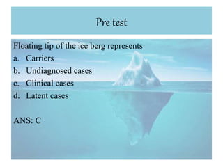 Pre test
Floating tip of the ice berg represents
a. Carriers
b. Undiagnosed cases
c. Clinical cases
d. Latent cases
ANS: C
 