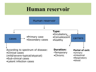 Human reservoir
Human reservoir
cases carriers
According to spectrum of disease:
•Clinical cases
(mild/severe-typical/atypical)
•Sub-clinical cases
•Latent infection cases
•Primary case
•Secondary cases
Type:
•Incubatory
•Convalescent
•healthy
Duration:
•Temporary
•Chronic
Portal of exit:
•Urinary
•Intestinal
•Respiratory
•blood
 