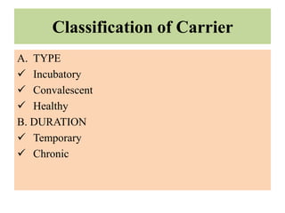 Classification of Carrier
A. TYPE
 Incubatory
 Convalescent
 Healthy
B. DURATION
 Temporary
 Chronic
 