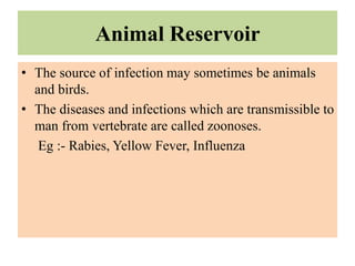 Animal Reservoir
• The source of infection may sometimes be animals
and birds.
• The diseases and infections which are transmissible to
man from vertebrate are called zoonoses.
Eg :- Rabies, Yellow Fever, Influenza
 