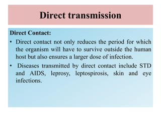 Direct transmission
Direct Contact:
• Direct contact not only reduces the period for which
the organism will have to survive outside the human
host but also ensures a larger dose of infection.
• Diseases transmitted by direct contact include STD
and AIDS, leprosy, leptospirosis, skin and eye
infections.
 