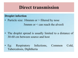 Direct transmission
Droplet infection
• Particle size: 10mmm or > filtered by nose
5mmm or < can reach the alveoli
• The droplet spread is usually limited to a distance of
30-60 cm between source and host
• Eg: Respiratory Infections, Common Cold,
Tuberculosis, Diphtheria
 