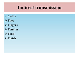 Indirect transmission
• 5 –F`s
 Flies
 Fingers
 Fomites
 Food
 Fluids
 