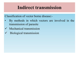 Indirect transmission
Classification of vector borne disease:-
• By methods in which vectors are involved in the
transmission of parasite
 Mechanical transmission
 Biological transmission
 