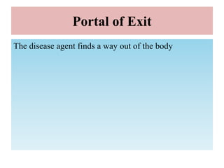Portal of Exit
The disease agent finds a way out of the body
 