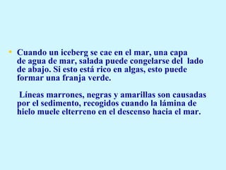 Cuando un iceberg se cae en el mar, una capa de agua de mar, salada puede congelarse del  lado de abajo. Si esto está rico en algas, esto puede formar una franja verde.  Líneas marrones, negras y amarillas son causadas por el sedimento, recogidos cuando la lámina de hielo muele elterreno en el descenso hacia el mar. 