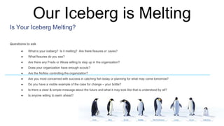 Our Iceberg is Melting
Is Your Iceberg Melting?
Questions to ask
● What is your iceberg? Is it melting? Are there fissures or caves?
● What fissures do you see?
● Are there any Freds or Alices willing to step up in the organization?
● Does your organization have enough scouts?
● Are the NoNos controlling the organization?
● Are you most concerned with success in catching fish today or planning for what may come tomorrow?
● Do you have a visible example of the case for change – your bottle?
● Is there a clear & simple message about the future and what it may look like that is understood by all?
● Is anyone willing to swim ahead?
 