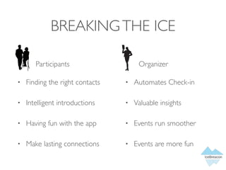 BREAKING THE ICE 
Participants Organizer 
• Automates Check-in 
• Valuable insights 
• Events run smoother 
• Events are more fun 
• Finding the right contacts 
• Intelligent introductions 
• Having fun with the app 
• Make lasting connections 
 