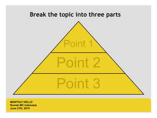 LOGO AREA
+55 32 3836 55 55
+55 32 9685 55 55
Default address Avenue, 4214,
Postal code 80.250-210 / Curitiba PR BR
www.default.com
___________________________________________
__________
Point 1
Point 2
Point 3
MONTHLY HELLO
Rumah MC Indonesia
June 27th, 2015
Break the topic into three parts
 