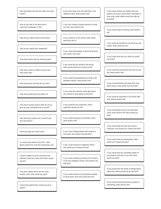 Howandwheredidyoufirstmeetyourbest
friend?
Howdoyoufeelisthebestwayto
overcomechallengesinlife?
Howdoyourelievestressandanxiety?
Howdoyouspendyourweekends?
Howmanybooksdidyoureadlastyear?
Howmanycupsofcoffeeorteadoyou
haveeveryday?
Howmanypairsofshoesdoyouown?
Howmanystateshaveyoubeento?
Howmuchmoneywouldittakeforyouto
giveupyoursmartphoneforamonth?
Howwouldyouspendyourmoneyifyou
wonthelottery?
Howʼdyougetyourworstscar?
Ifamoviewasmadeofyourlife-what
genrewoulditbe,andwhowouldplayyou?
Ifalienslandedonearthtomorrowand
offeredtotakeyouhomewiththem,would
yougo?
Ifallyourclotheshadtobeonecolor
forever,whatcolorwouldyoupick?
Ifgiventheopportunity,wouldyougoto
space?
Ifyouaretolearnanynewskillthatisnot
relatedtowork,whatwoulditbe?
Ifyoucanchooseafamouspersontohang
outwith,whowoulditbe?
Ifyoucouldactinanymovie,whatmovie
wouldyoubein?
IfyoucouldaddanyonetoMountRushmore
whowoulditbe;why?
Ifyoucouldbeanyanimalintheworld,
whatanimalwouldyouchoosetobe?
Ifyoucouldbeguaranteedonethinginlife
(besidesmoney),whatwoulditbe?
Ifyoucouldbeimmortal,whatagewould
youchoosetostopagingatandwhy?
Ifyoucouldbeonesuperhero,which
superherowouldyoube?
Ifyoucouldbringbackanyfashiontrend
whatwoulditbe?
Ifyoucouldchangeplaceswithanyonein
theworld,whowoulditbeandwhy?
Ifyoucouldchooseanimaginaryfriend,
whowouldyouchooseandwhy?
Ifyoucouldchooseanypersonfromhistory
tobeyourimaginaryfriend,whowoulditbe
andwhy?
Ifyoucouldchooseanytwofamouspeople
tohavedinnerwithwhowouldtheybe?
Ifyoucouldchooseonehobbythatnow
seemsoutofyourreacheitherfinanciallyor
time-wise,whathobbywouldyoutakeup
andwhy?
Ifyoucouldcollectanything,whatwouldit
be?
Ifyoucoulddoanythingintheworldasyour
career,whatwouldyoudo?
Ifyoucoulddriveanycar,whatcarwould
youdrive?
Ifyoucouldeatonefoodfortherestofyour
life,whatwoulditbe?
Ifyoucouldeliminateonethingfromyour
dailyroutine,whatwoulditbeandwhy?
Ifyoucouldgoanywhereintheworldright
now,wherewoulditbe?
Ifyoucouldgueststaronanytelevision
show,whatwoulditbe?Whowouldyou
play?
Ifyoucouldhangoutwithanycartoon
character,whowouldyouchooseandwhy?
Ifyoucouldhaveanysuperpower,what
wouldyouchooseandwhy?
Ifyoucouldhaveanyunlimitedsupplyof
onethingfortherestofyourlife,what
wouldyoupick?
Ifyoucouldhavethepowerofteleportation
rightnow,wherewouldyougoandwhy?
Ifyoucouldinstantlybecomeanexpertin
something,whatwoulditbe?
 