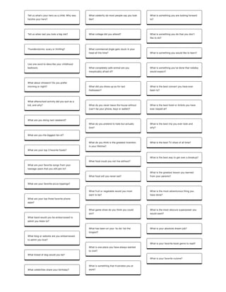 Telluswhat'syourheroasachild.Whywas
he/sheyourhero?
Telluswhenlastyoutookabigrisk?
Thunderstorms:scaryorthrilling?
Useonewordtodescribeyourchildhood
bedroom.
Whataboutshowers?Doyouprefer
morningornight?
Whatafterschoolactivitydidyouquitasa
kid,andwhy?
Whatareyoudoingnextweekend?
Whatareyouthebiggestfanof?
Whatareyourtop3favoritefoods?
Whatareyourfavoritesongsfromyour
teenageyearsthatyoustilljamto?
Whatareyourfavoritepizzatoppings?
Whatareyourtopthreefavoritephone
apps?
Whatbandwouldyoubeembarrassedto
admityoulistento?
Whatblogorwebsiteareyouembarrassed
toadmityoulove?
Whatbreedofdogwouldyoube?
Whatcelebritiesshareyourbirthday?
Whatcelebritydomostpeoplesayyoulook
like?
Whatcollegedidyouattend?
Whatcommercialjinglegetsstuckinyour
headallthetime?
Whatcompletelysafeanimalareyou
inexplicablyafraidof?
Whatdidyoudressupasforlast
Halloween?
Whatdoyouneverleavethehousewithout
(canʼtbeyourphone,keysorwallet)?
Whatdoyoupretendtohatebutactually
love?
Whatdoyouthinkisthegreatestinvention
inyourlifetime?
Whatfoodcouldyounotlivewithout?
Whatfoodwillyounevereat?
Whatfruitorvegetablewouldyoumost
wanttobe?
Whatgameshowdoyouthinkyoucould
win?
Whathasbeenonyour‘to-doʼlistthe
longest?
Whatisoneplaceyouhavealwayswanted
tovisit?
Whatissomethingthatfrustratesyouat
work?
Whatissomethingyouarelookingforward
to?
Whatissomethingyoudothatyoudonʼt
liketodo?
Whatissomethingyouwouldliketolearn?
Whatissomethingyou'vedonethatnobdoy
wouldexpect?
Whatisthebestconcertyouhaveever
beento?
WhatisthebesthotelorAirbnbyouhave
everstayedat?
Whatisthebesttripyouevertookand
why?
WhatisthebestTVshowofalltime?
Whatisthebestwaytogetoverabreakup?
Whatisthegreatestlessonyoulearned
fromyourparents?
Whatisthemostadventurousthingyou
havedone?
Whatisthemostobscuresuperpoweryou
wouldwant?
Whatisyourabsolutedreamjob?
Whatisyourfavoritebookgenretoread?
Whatisyourfavoritecuisine?
 