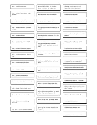 Whatisyourfavoritedessert?
Whatisyourfavoriteitemyouʼvebought
thisyear?
Whatisyourfavoritemealtocookandwhy?
Whatisyourfavoritemusicalinstrument
andwhy?
Whatisyourfavoritescent?
Whatisyourfavoritesummeractivity?
Whatisyourfavoritetelevisionnetwork?
Whatisyourfavoritetelevisionshowand
why?
Whatisyourfavoritewaytounwind?
Whatisyourfavoriteapp?
Whatisyourfavoritebakedgood?
Whatisyourfavoritefastfoodrestaurant?
Whatisyourgotomovietheatersnack?
Whatisyourpreferredmusicgenre?
WhatisyourpreferredYouTubevlog
channels?
Whatpieceofclothingbestdescribesyou?
Whatwasthefirstthingyouremember
savingupmoneytobuyonyourown?
Whatwasthelastmovieyouattended?
Whatwasthelastthingyouate?
Whatwasyourfavoritefilmyouwatchedas
achild?
Whatwasyourfirstrecord,tapeorCDthat
youeverowned?
Whatwasyourleastfavoritefoodasa
child?Doyoustillhateitordoyouloveit
now?
What'sthemostamazingthingyou'veseen
innature?
What'sthemostdifficultthingyou'veever
done?
What'syourfavoritemusicbandadecade
ago?
Whatʼsaweirdfactyouhappentoknow?
Whatʼsisonethingwedonʼtknowabout
you?
Whatʼssomethingthateveryoneelseseems
tolove—thatyoudonʼtunderstand?
Whatʼsthebestprankyouʼveeverplayed
onsomeone?
Whatʼsthebestthingyouʼveboughtsofar
thisyear?
Whatʼsthefunniestthingthatever
happenedonyourfamilyvacation?
Whatʼsyourfavoritecereal?
Whatʼsyourfavoritecomfortfood?
Whatʼsyourfavoritedessert?
Whatʼsyourfavoritefamilytradition,pastor
present?
Whatʼsyourfavoriteflowerorplant?
Whatʼsyourfavoriteholidaytradition?
Whatʼsyourfavoriteholiday?
Whatʼsyourfavoritemovieandwhy?
Whatʼsyourfavoritemusicalinstrument?
Whatʼsyourfavoritemythicalcreature?
Whatʼsyourfavoritepartofacountyfair?
Whatʼsyourfavoriteplaceofalltheplaces
youʼvetravelled?
Whatʼsyourfavoritesandwichandwhy?
Whatʼsyourfavoritescent?
Whatʼsyourfavoritesportsteam?
Whatʼsyourfirstmemoryasachild?
 