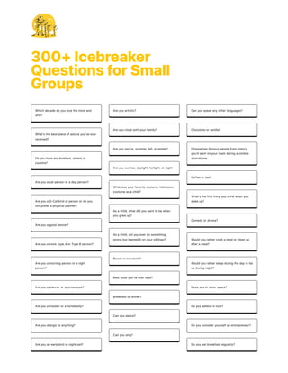 Icebreaker questions for small groups PDF