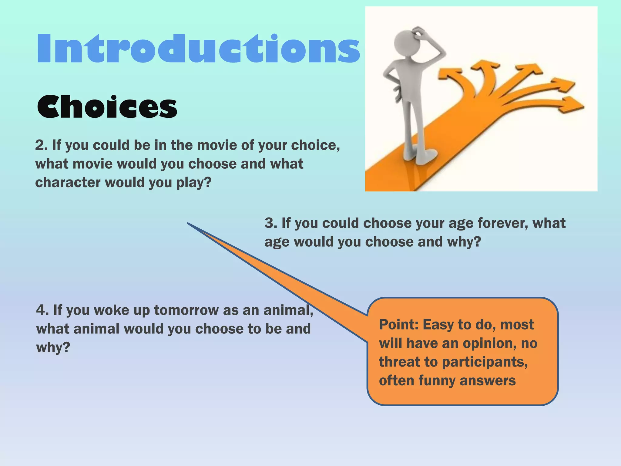 Choices
2. If you could be in the movie of your choice,
what movie would you choose and what
character would you play?
Introductions
3. If you could choose your age forever, what
age would you choose and why?
4. If you woke up tomorrow as an animal,
what animal would you choose to be and
why?
Point: Easy to do, most
will have an opinion, no
threat to participants,
often funny answers
 
