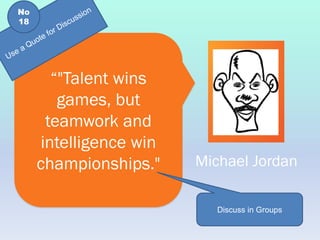“"Talent wins
games, but
teamwork and
intelligence win
championships." Michael Jordan
Discuss in Groups
No
18
 
