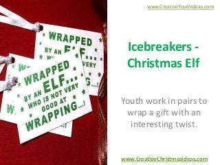 www.CreativeYouthIdeas.com

Icebreakers Christmas Elf
Youth work in pairs to
wrap a gift with an
interesting twist.

www.CreativeChristmasIdeas.com

 