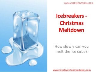 www.CreativeYouthIdeas.com

Icebreakers Christmas
Meltdown
How slowly can you
melt the ice cube?

www.CreativeChristmasIdeas.com

 