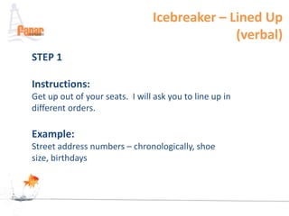 Icebreaker – Lined Up
                                              (verbal)
STEP 1

Instructions:
Get up out of your seats. I will ask you to line up in
different orders.

Example:
Street address numbers – chronologically, shoe
size, birthdays
 