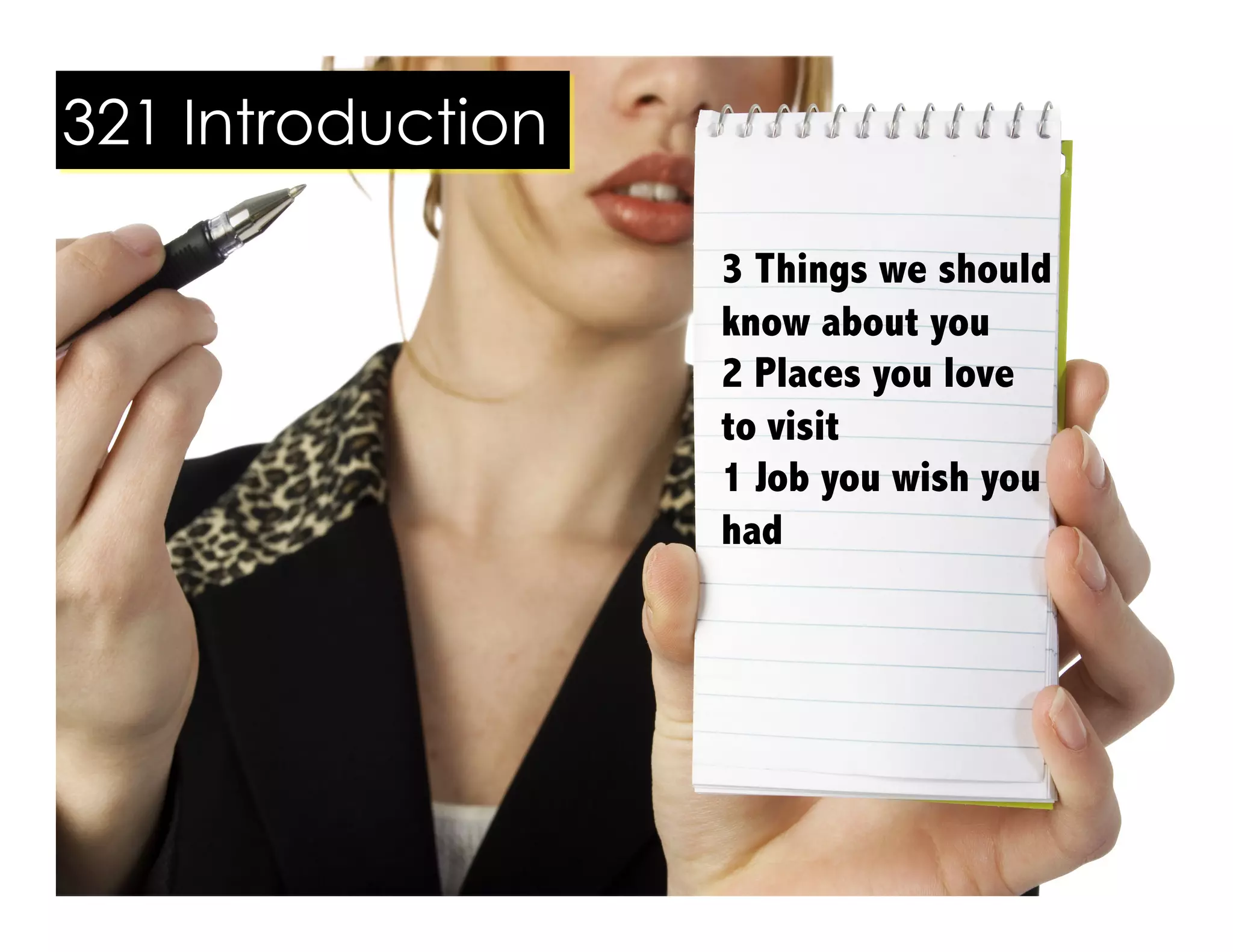 3 Things we should
know about you
2 Places you love
to visit
1 Job you wish you
had
321 Introduction