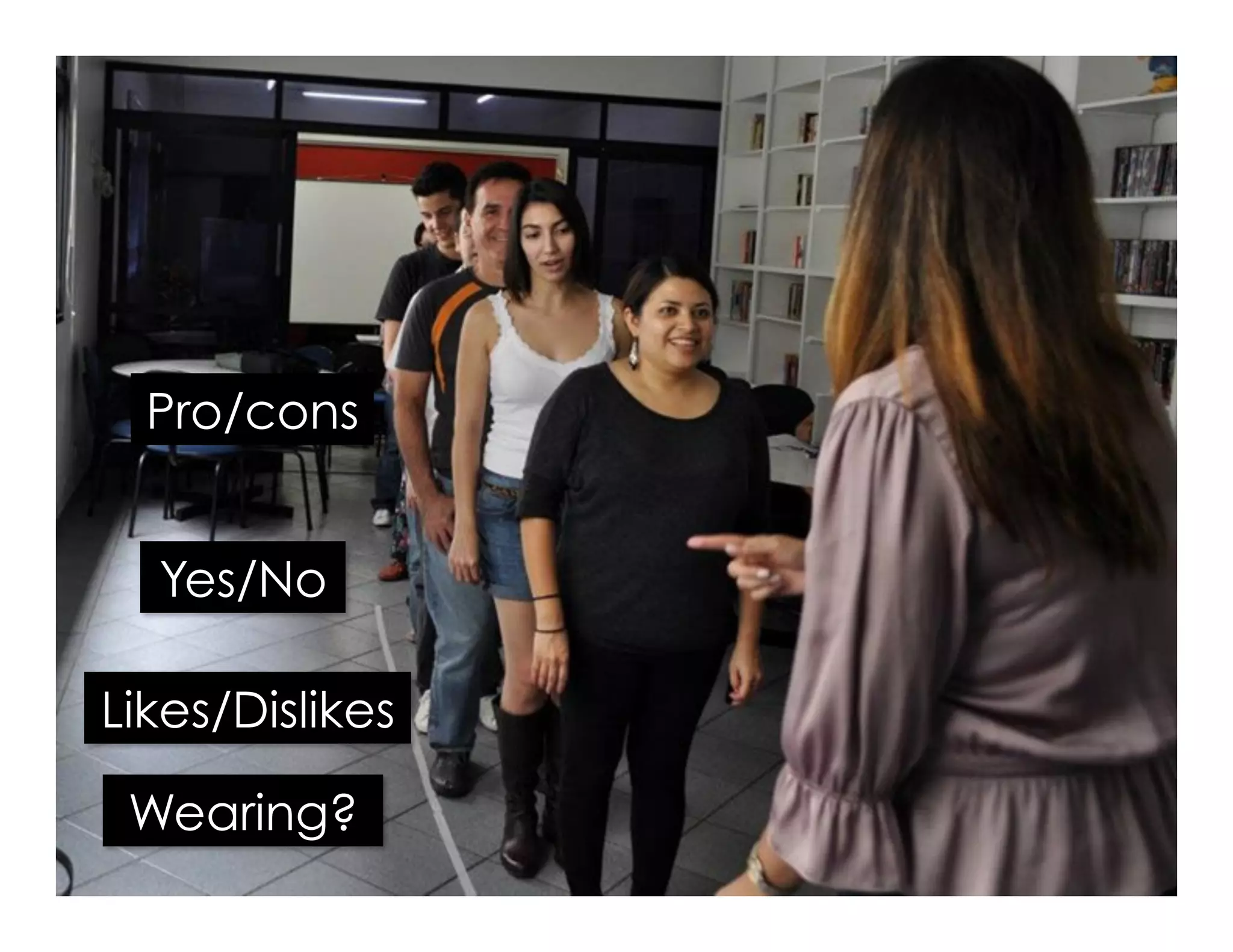 Pro/cons
Yes/No
Likes/Dislikes
Wearing?