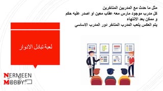 ‫االدوار‬ ‫تبادل‬ ‫لعبة‬
‫المتاخرين‬ ‫المدربين‬ ‫مع‬ ‫حدث‬ ‫ما‬ ‫مثل‬
‫حكم‬ ‫عليه‬ ‫اصدر‬ ‫او‬ ‫معين‬ ‫عقاب‬ ‫معه‬ ‫مارس‬ ‫موجود‬ ‫مدرب‬ ‫كل‬
‫االنتهاء‬ ‫بعد‬ ‫ممكن‬ ‫و‬
‫االساسي‬ ‫المدرب‬ ‫دور‬ ‫المتاخر‬ ‫المدرب‬ ‫يلعب‬ ‫العكس‬ ‫يتم‬
 