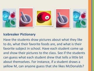 Icebreaker Pictionary
Have the students draw pictures about what they like
to do, what their favorite foods are, and what is their
favorite subject in school. Have each student come up
and show their pictures to the class. See if the students
can guess what each student drew that tells a little bit
about themselves. For instance, if a student draws a
yellow M, can anyone guess that she likes McDonalds?
 