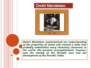 Dmitri Mendeleev revolutionized our understanding
of the properties of atoms and created a table that
probably embellishes every chemistry classroom in
the world. His greatest accomplishment, however,
was the stating of the Periodic Law and the
development of the Periodic Table.
 