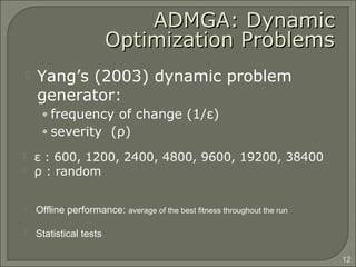 ADMGA: DynamicADMGA: Dynamic
Optimization ProblemsOptimization Problems
 Yang’s (2003) dynamic problem
generator:
• frequency of change (1/ε)
• severity (ρ)
12
 ε : 600, 1200, 2400, 4800, 9600, 19200, 38400
 ρ : random
 Offline performance: average of the best fitness throughout the run
 Statistical tests
 