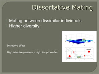 Dissortative MatingDissortative Mating
 Mating between dissimilar individuals.
 Higher diversity.
Disruptive effect
High selective pressure + high disruption effect
parent
parent
 