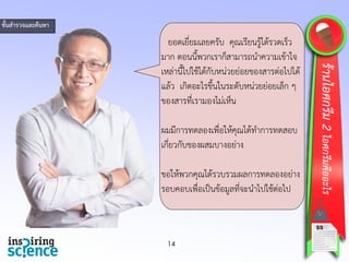 14
ยอดเยี่ยมเลยครับ คุณเรียนรู้ได้รวดเร็ว
มาก ตอนนี้พวกเราก็สามารถนาความเข้าใจ
เหล่านี้ไปใช้ได้กับหน่วยย่อยของสารต่อไปได้
แล้ว เกิดอะไรขึ้นในระดับหน่วยย่อยเล็ก ๆ
ของสารที่เรามองไม่เห็น
ผมมีการทดลองเพื่อให้คุณได้ทาการทดสอบ
เกี่ยวกับของผสมบางอย่าง
ขอให้พวกคุณได้รวบรวมผลการทดลองอย่าง
รอบคอบเพื่อเป็นข้อมูลที่จะนาไปใช้ต่อไป
ร้านไอศกรีม2ไอศกรีมคืออะไร
ขั้นสารวจและค้นหา
SS
 