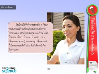 วันนี้คุณได้ทากิจกรรมหนัก ๆ กันมา
พอสมควรแล้ว แต่ดิฉันก็ยังมีความท้าทาย
ให้อีกนะคะ จากสิ่งของมากมายในร้าน ได้แก่
น้าอัดลม น้าชา น้ากะทิ น้าผลไม้ ฯลฯ
เพื่อทดสอบความรู้ ลองตอบดูว่าสิ่งของเหล่า
นี้เป็นคอลลอยด์หรือไม่แล้วบันทึกลงในใบ
กิจกรรมค่ะ
ขั้นประเมินผล
23
ร้านไอศกรีม2ไอศกรีมคืออะไร
SS
 