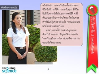 ขั้นสร้างความสนใจ
3
สวัสดีค่ะ! เรามาพบกันอีกครั้งแล้วนะคะ!
ดิฉันยินดีมากที่ได้ร่วมงานกับคุณ ที่ดิฉัน
ยินดีก็เพราะว่าที่ผ่านมาเราพบวิธีดี ๆ ที่
เป็นแนวทางในการจัดเก็บของในร้านของ
เราทั้งในกลุ่มของ ของแข็ง ของเหลว และ
แก๊สได้หลายแนวทางค่ะ
แต่ทว่าตอนนี้มีประเด็นปัญหาใหม่
สาหรับร้านของเรา ปัญหาก็คือเราจะจัด
ไอศกรีมอยู่ในสารจาพวกไหนดีค่ะระหว่าง
ของแข็งกับของเหลว
ร้านไอศกรีม2ไอศกรีมคืออะไร
 