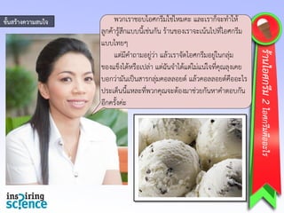 4
พวกเราชอบไอศกรีมใช่ไหมคะ และเราก็จะทาให้
ลูกค้ารู้สึกแบบนี้เช่นกัน ร้านของเราจะเน้นไปที่ไอศกรีม
แบบไทยๆ
แต่มีคาถามอยู่ว่า แล้วเราจัดไอศกรีมอยู่ในกลุ่ม
ของแข็งได้หรือเปล่า แต่ฉันจาได้แต่ไม่แน่ใจที่คุณลุงเคย
บอกว่ามันเป็นสารกลุ่มคอลลอยด์ แล้วคอลลอยด์คืออะไร
ประเด็นนี้แหละที่พวกคุณจะต้องมาช่วยกันหาคาตอบกัน
อีกครั้งค่ะ
ร้านไอศกรีม2ไอศกรีมคืออะไร
ขั้นสร้างความสนใจ
 