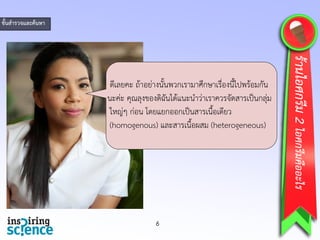 6
ดีเลยคะ ถ้าอย่างนั้นพวกเรามาศึกษาเรื่องนี้ไปพร้อมกัน
นะค่ะ คุณลุงของดิฉันได้แนะนาว่าเราควรจัดสารเป็นกลุ่ม
ใหญ่ๆ ก่อน โดยแยกออกเป็นสารเนื้อเดียว
(homogenous) และสารเนื้อผสม (heterogeneous)
ร้านไอศกรีม2ไอศกรีมคืออะไร
ขั้นสารวจและค้นหา
 
